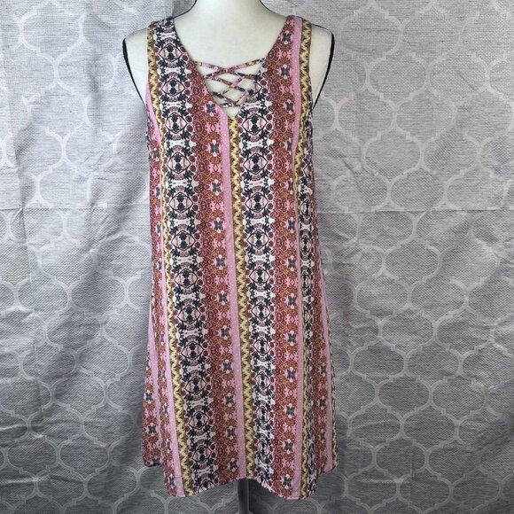 Pink Rose Boho Striped Lace-Up Sleeveless Shift Dress Size Large - Picture 1 of 8